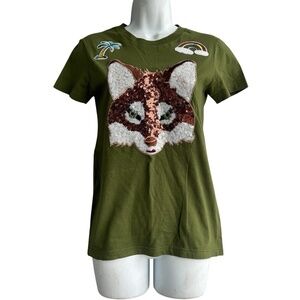 KOCH Green Sequin Fox Tee Shirt Sz XS Embroidery Palm Tree Rainbow Short Sleeve